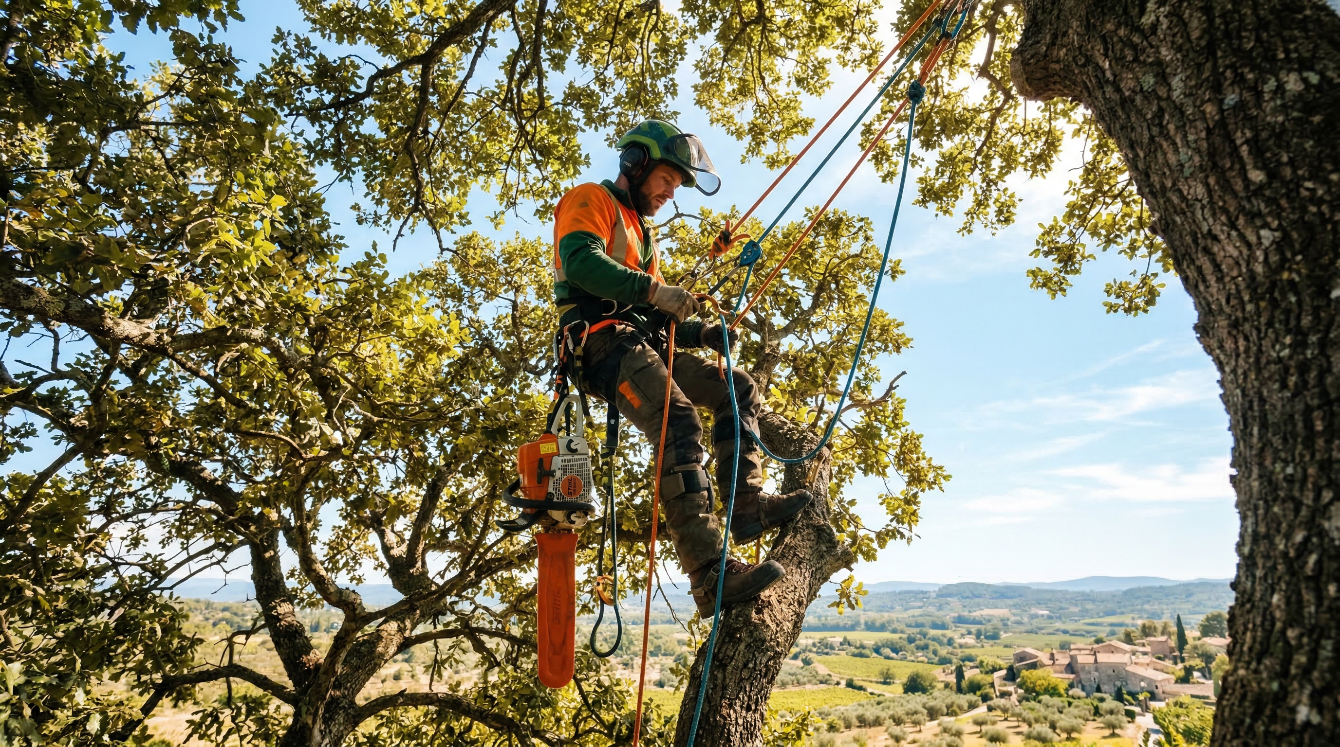 Élagueur grimpeur professionnel en action dans un arbre en Languedoc